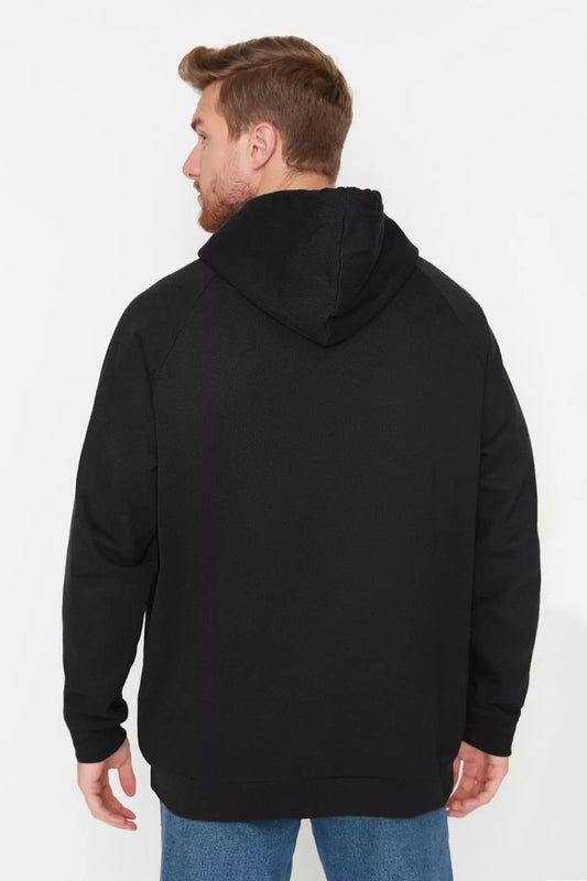 Black Basic Oversize/Wide Cut Hooded Sweatshirt with Fleece Inside