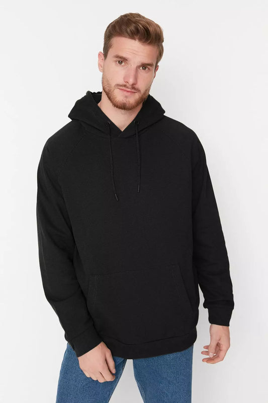 Black Basic Oversize/Wide Cut Hooded Sweatshirt with Fleece Inside